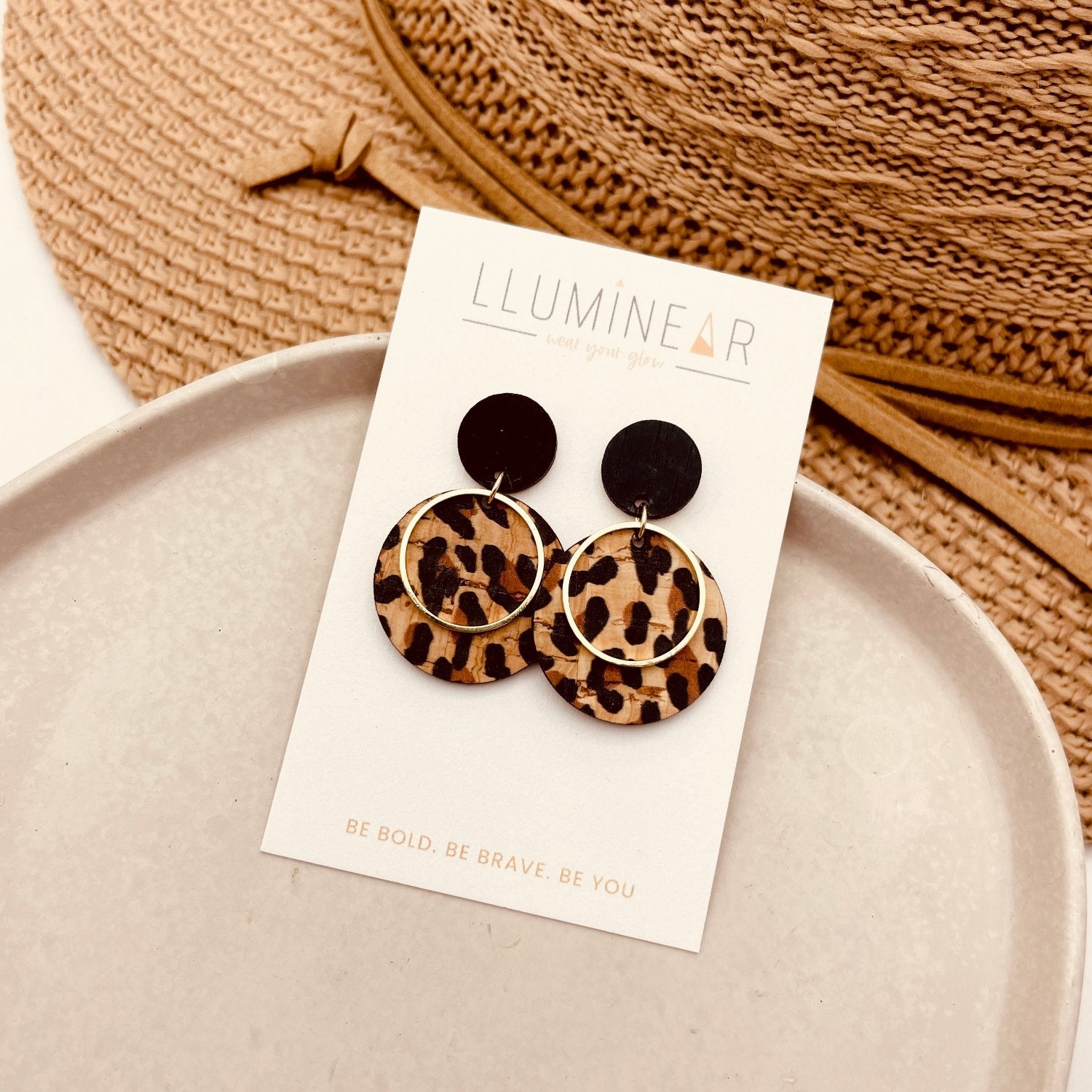 Leopard Print Stud Dangle Earrings with gold ring detail and hallmarked 925 Sterling Silver studs
