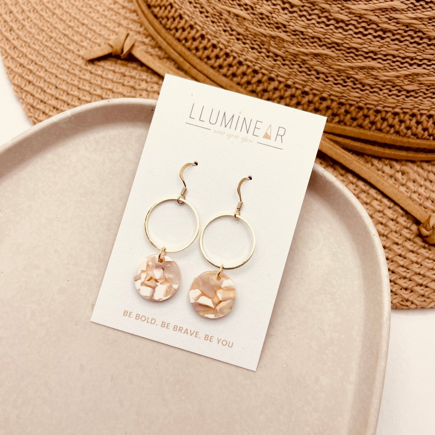 Mercury Pink Shell circle earrings with brass ring and 14ct hallmarked gold filled hooks for sensitive ears