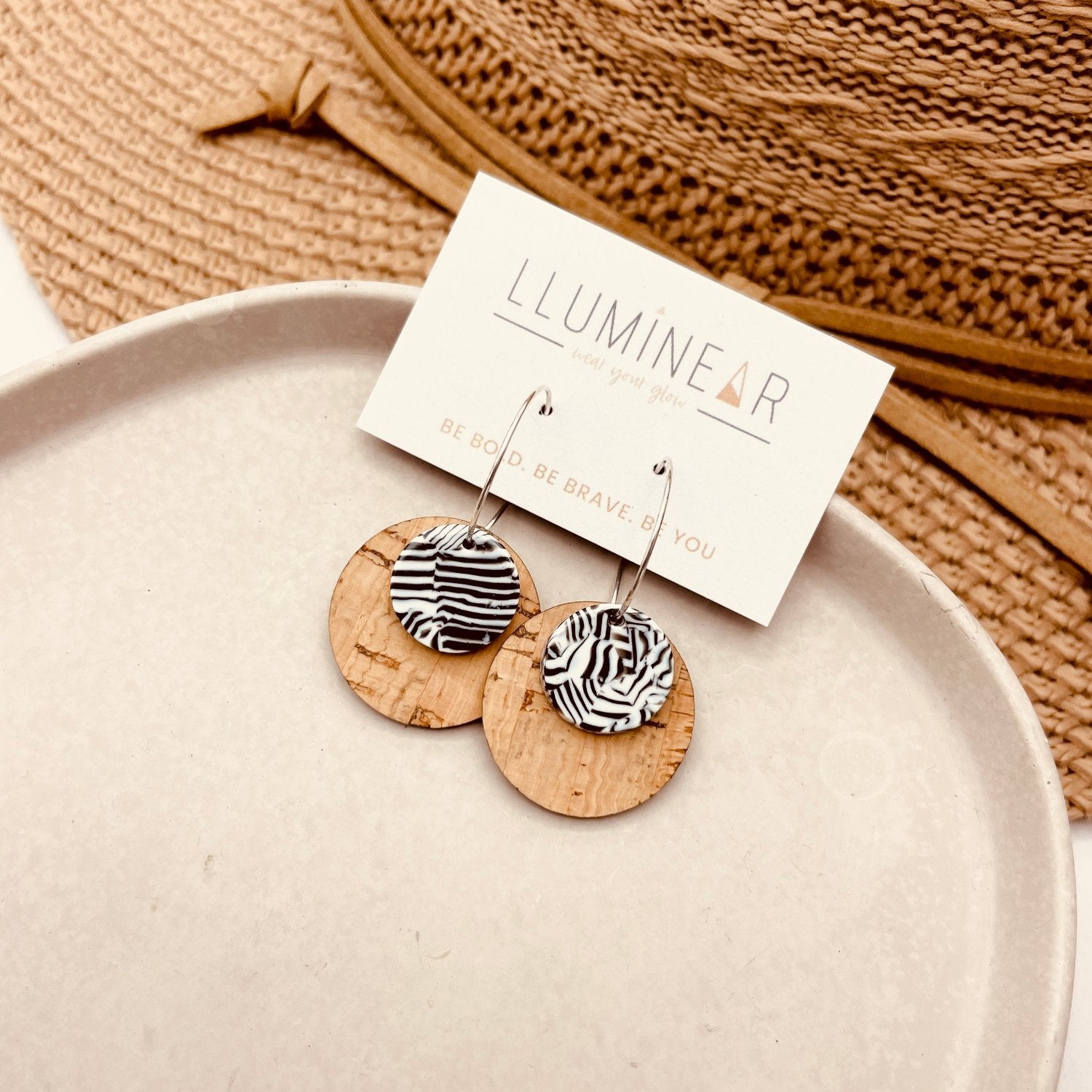 Natural cork zebra print hoop earrings with hypoallergenic sterling silver for sensitive ears