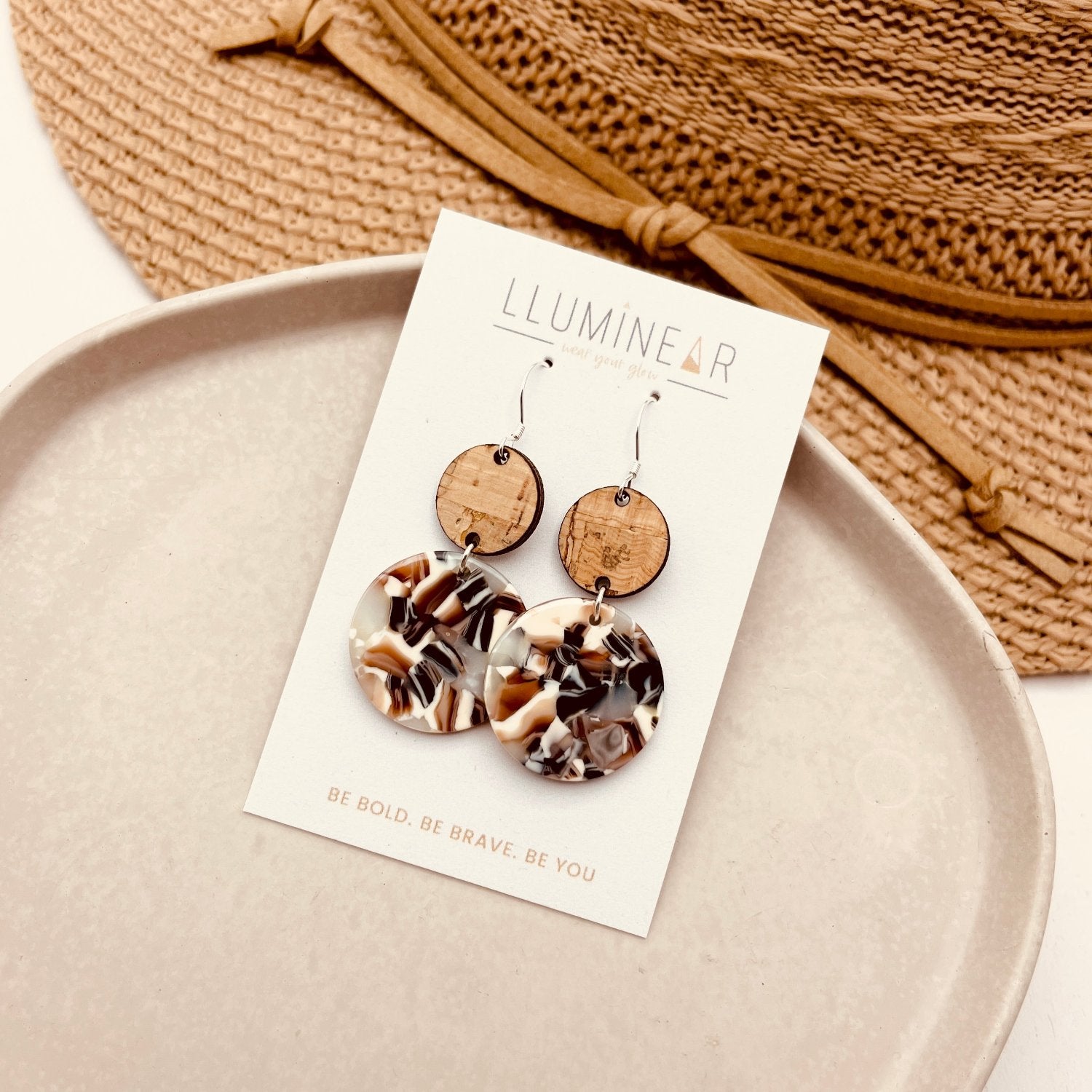Neptune Earrings handmade with 925 Sterling Silver Hooks and natural cork with brown black and cream resin pattern.