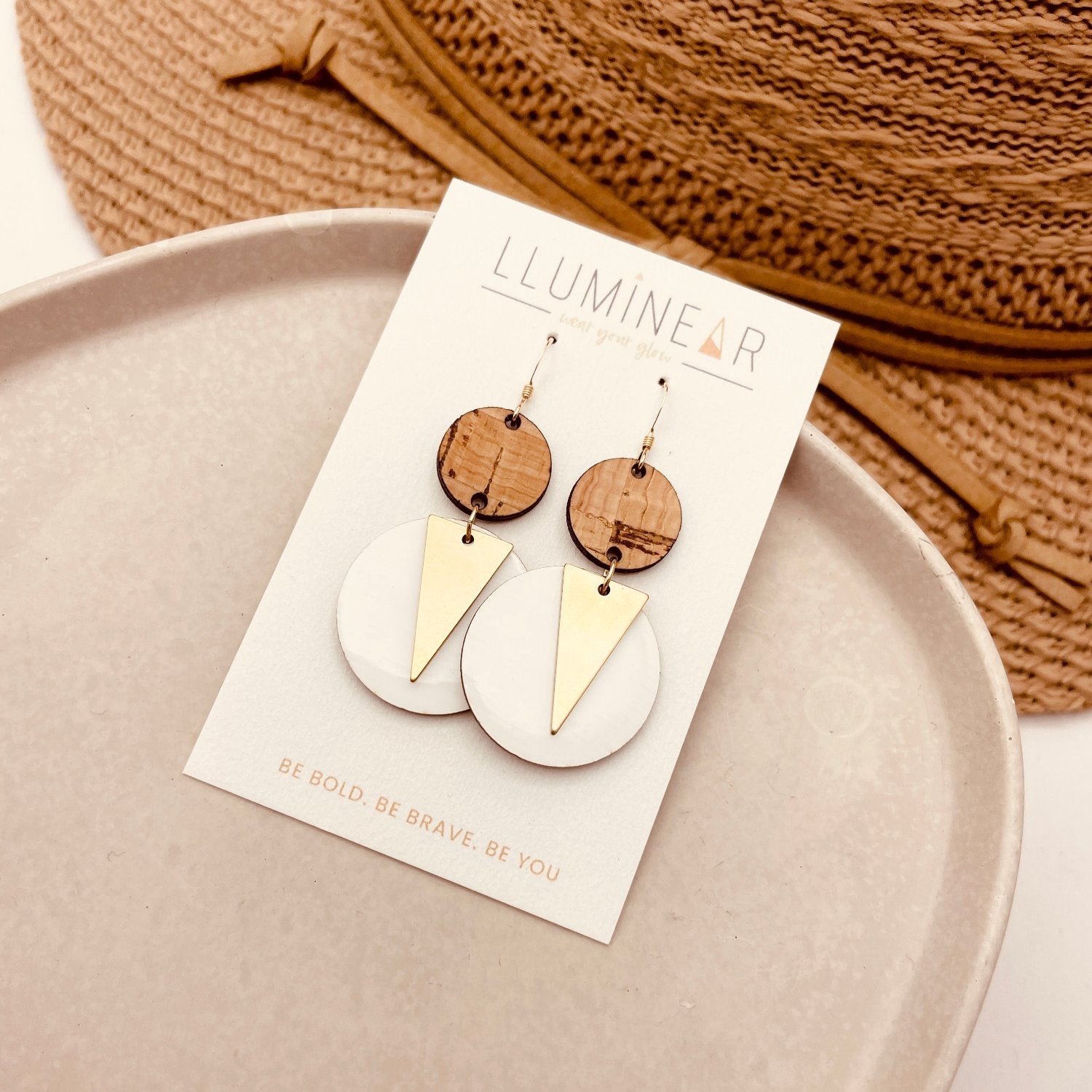 Neptune Triton coconut white and brass triangle earrings with hallmarked 14k gold hooks for sensitive ears