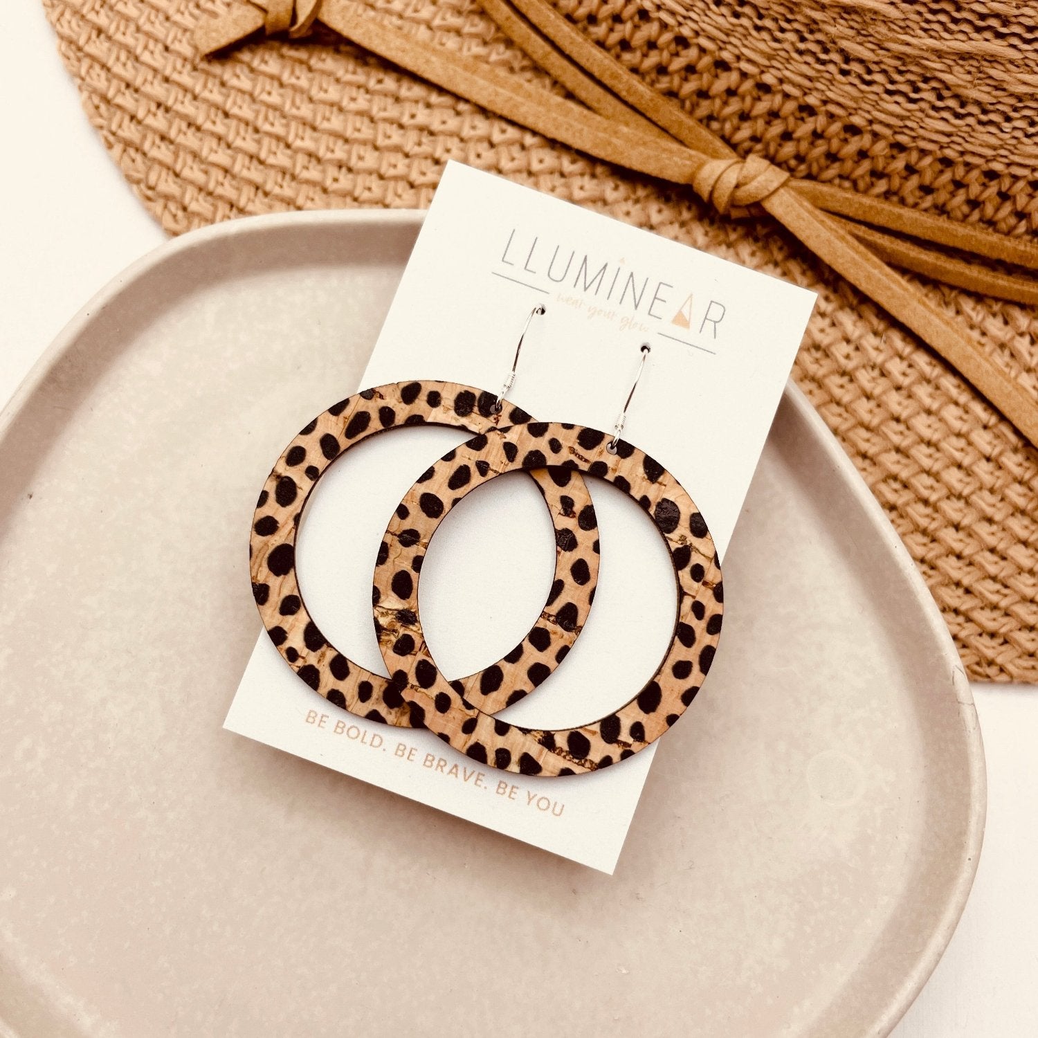 Saturn ring cheetah print wooden cork earrings made with hallmarked sterling silver hooks for sensitive ears