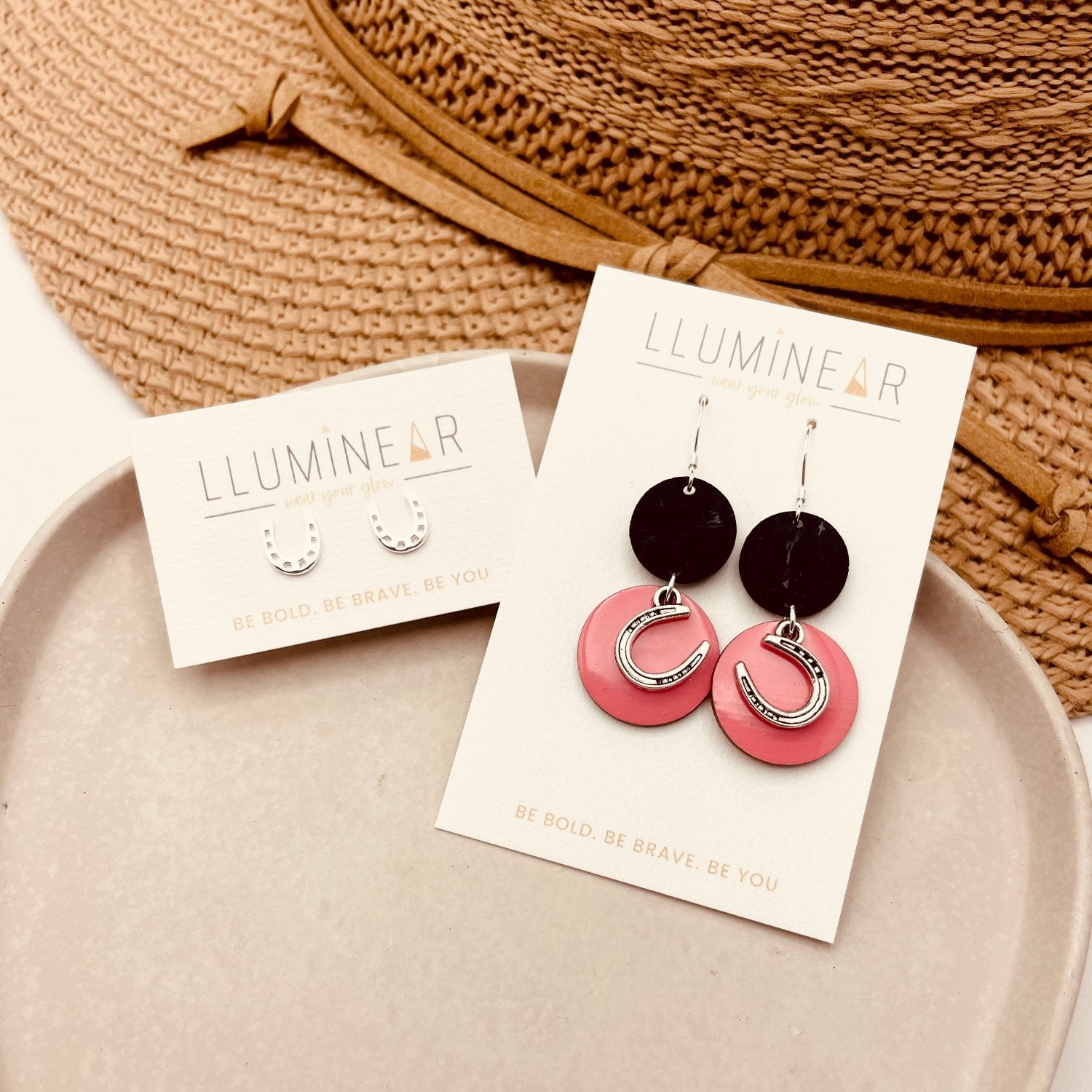 Black and Pink Horse shoe hook earrings or horse shoe stud earrings made with hallmarked 925 sterling silver.