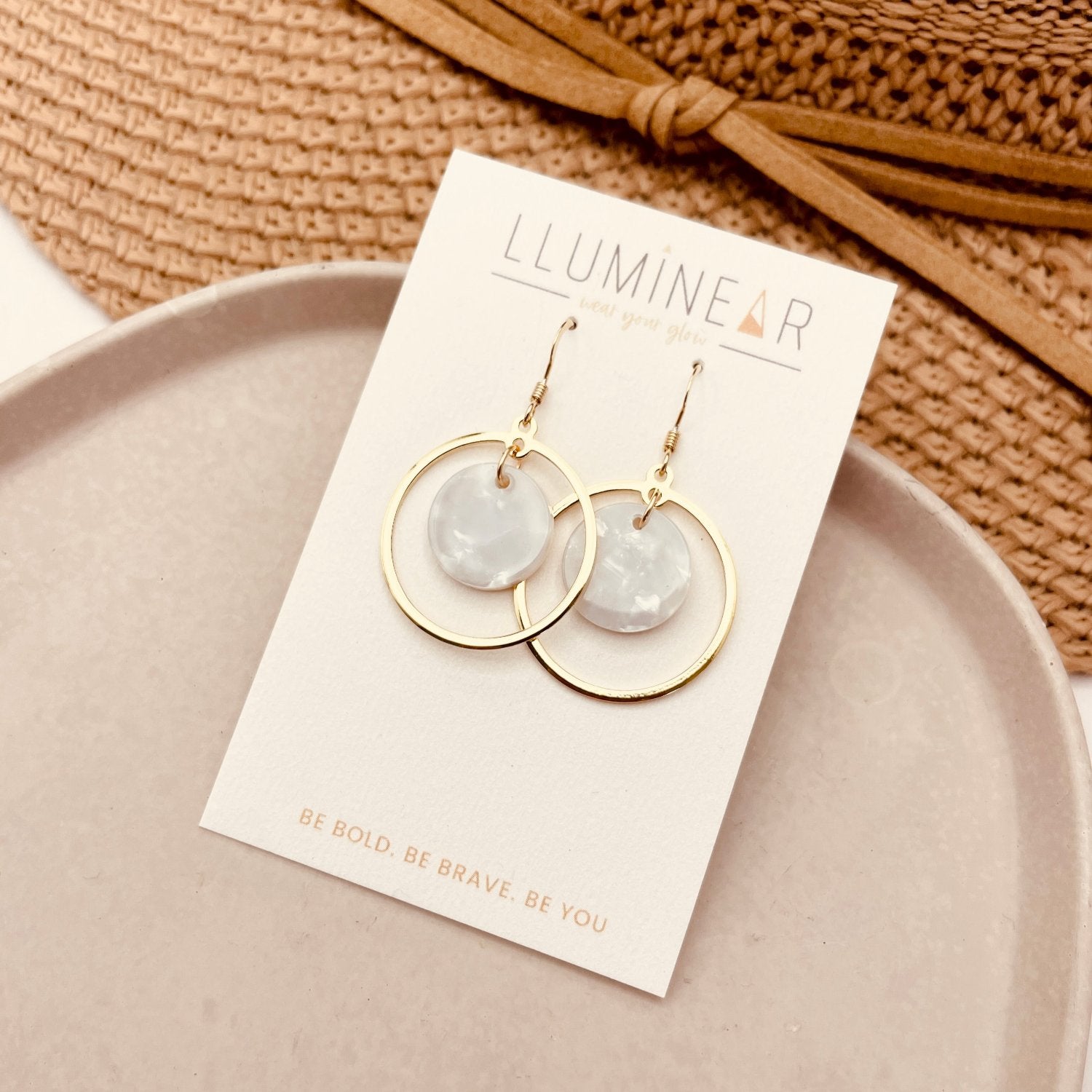 White Shell Circle Earrings handmade with Hallmarked Gold hooks and circle hoops. 