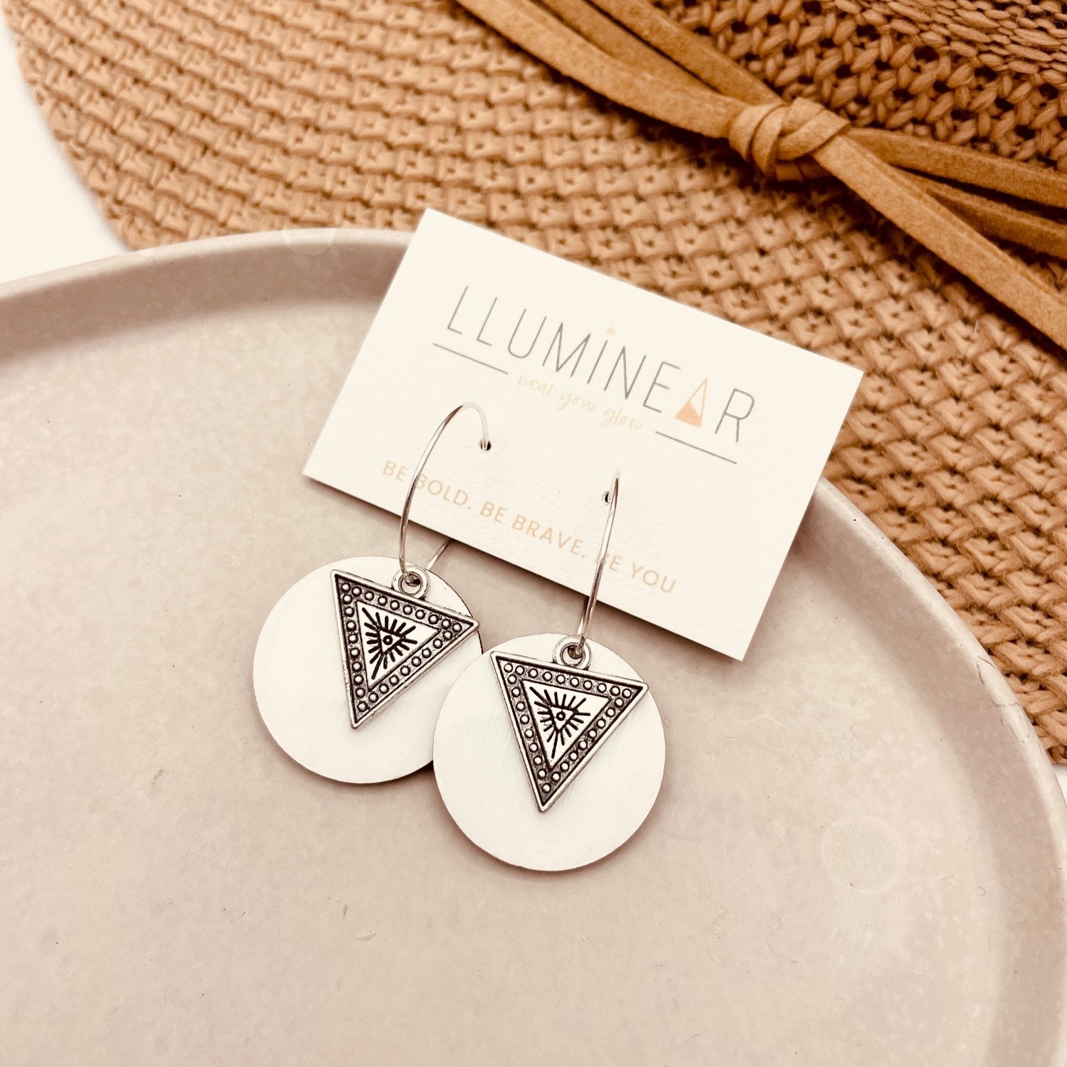 White Silver beach Boho earrings with hypoallergenic hallmarked 925 sterling silver hoops