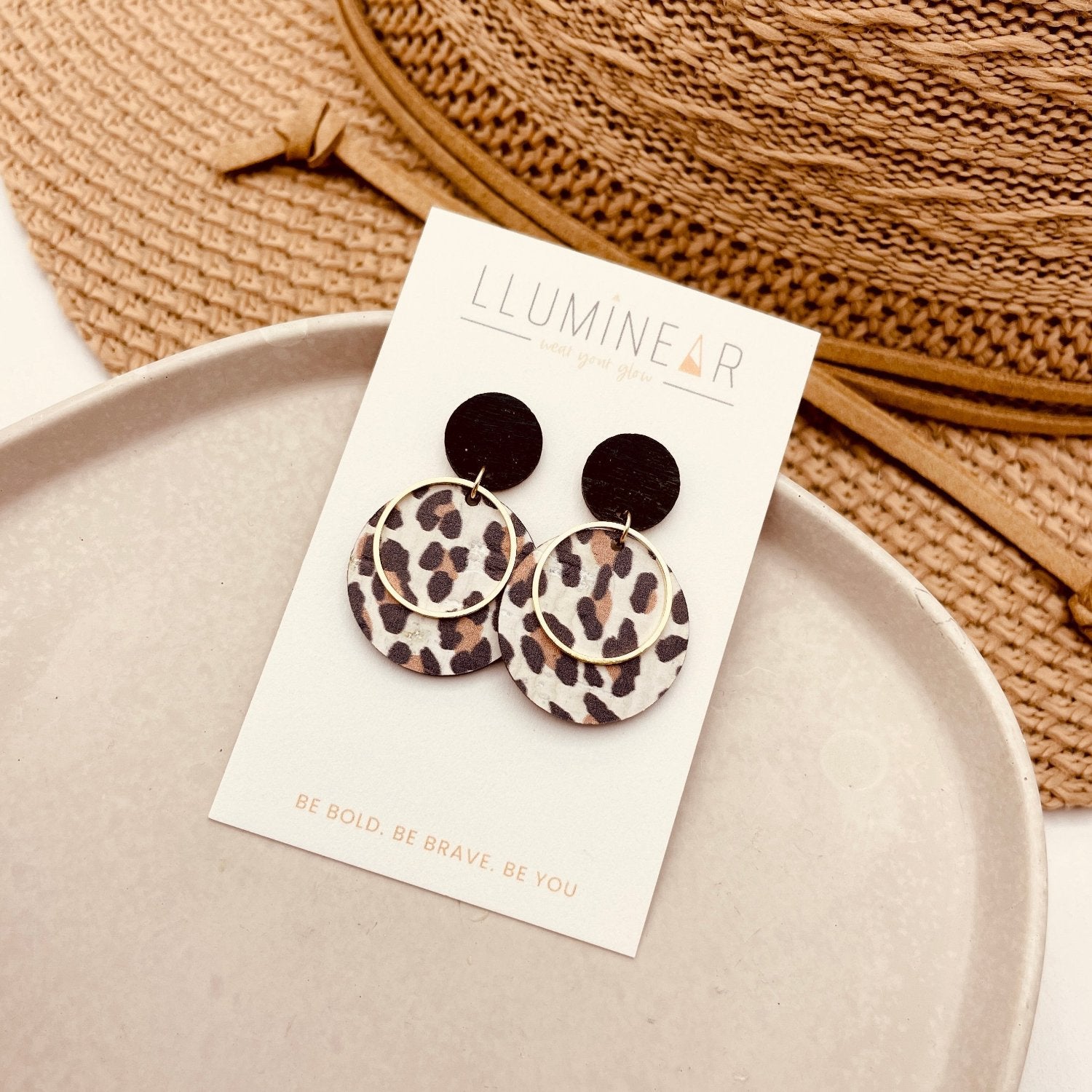 White and Tan Leopard Print Stud Dangle circle Earrings with gold ring detail and hallmarked 925 Sterling Silver studs
