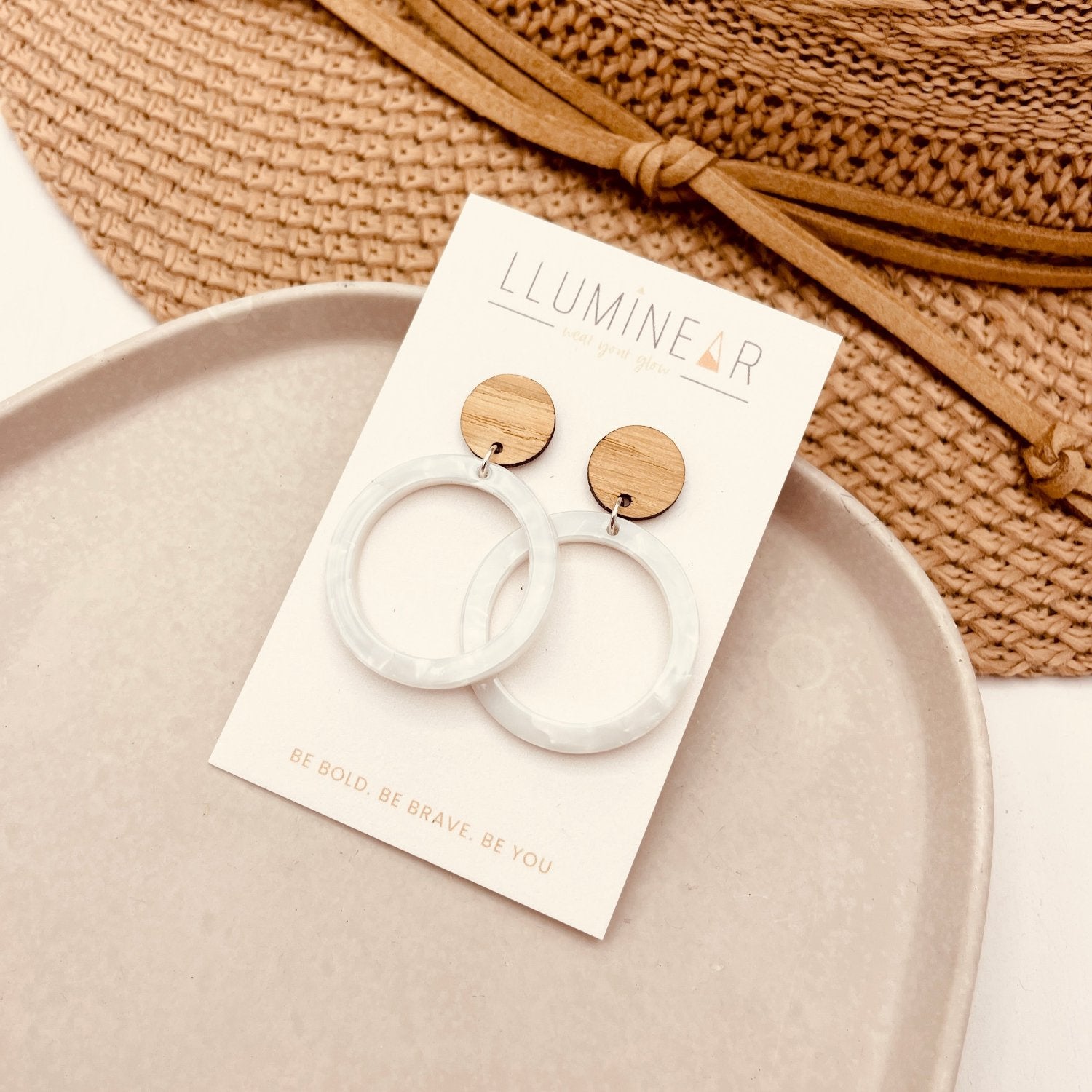 White shell circle earrings handmade with natural wood sterling silver studs