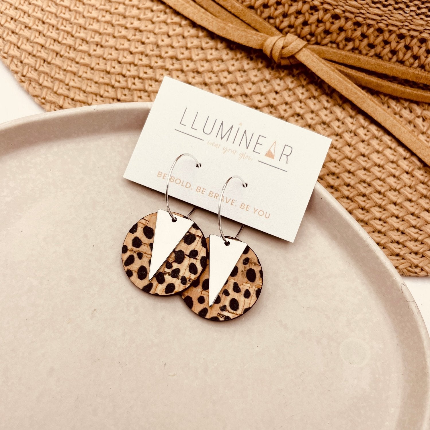cheetah animal print geometric tribal silver triangle hoop earrings