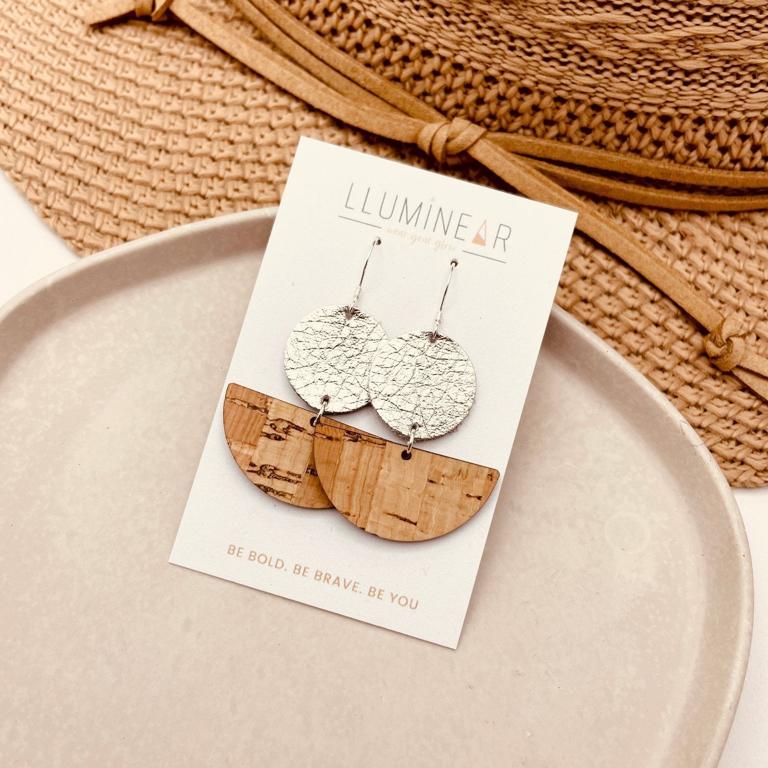 crescent moon earrings in natural cork and real silver leather, handmade with hallmarked 925 sterling silver hooks
