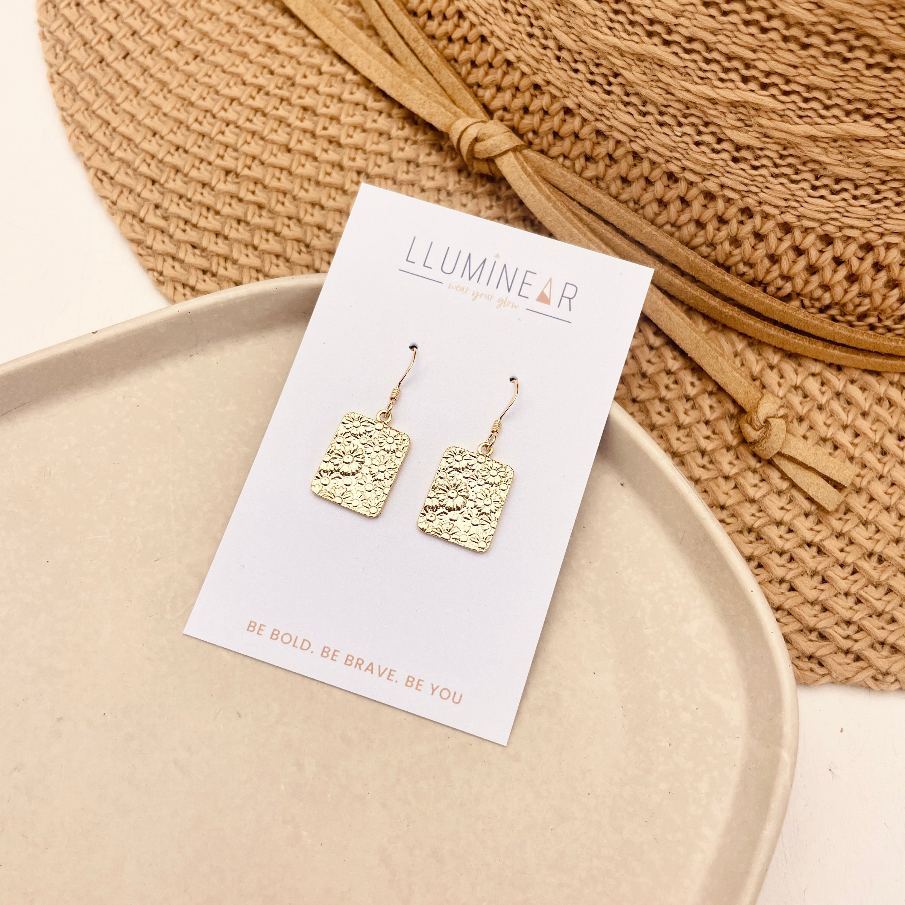 Dinky Flower Rectangle Earrings Gold