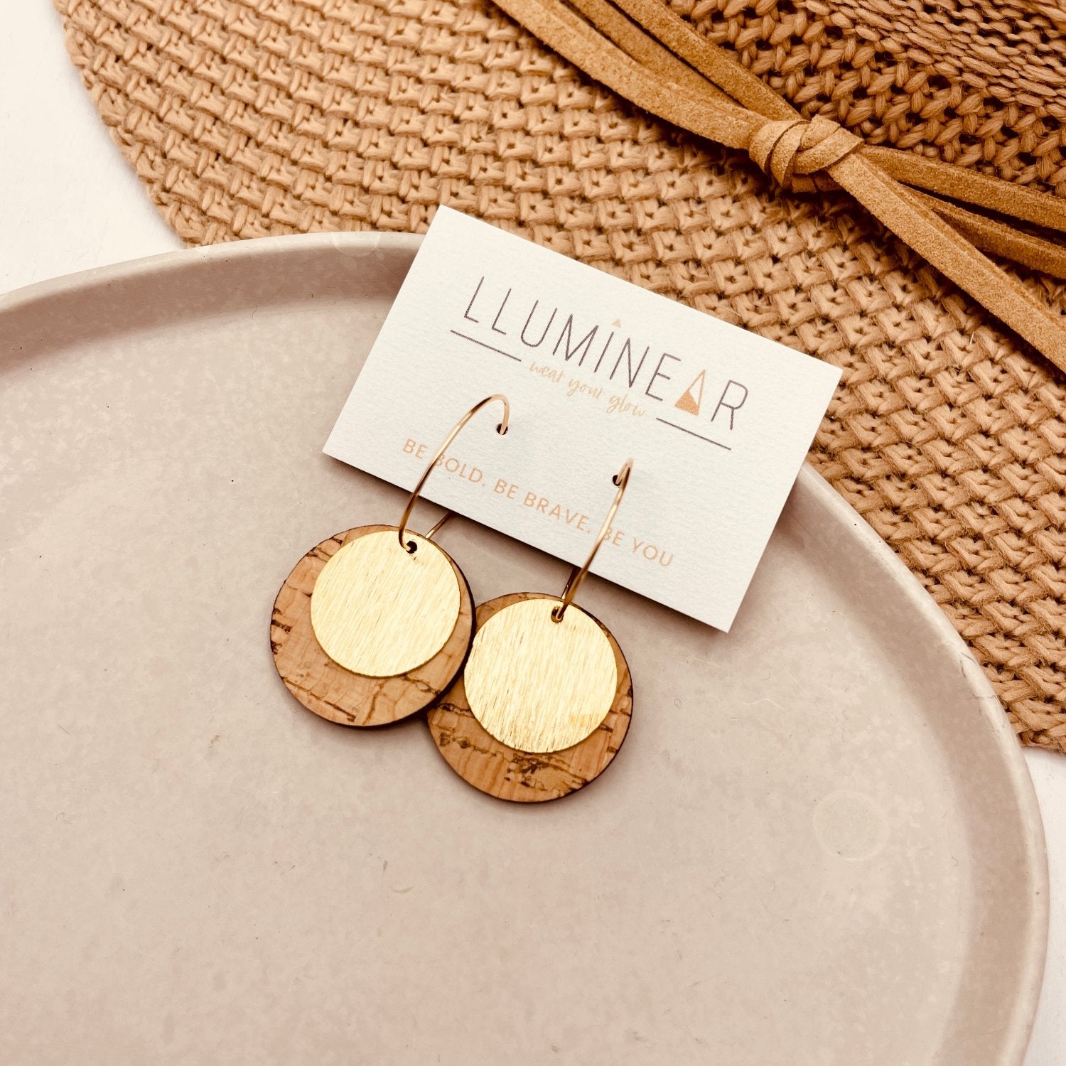 natural cork and brass circle handmade with hypoallergenic gold hoop earrings