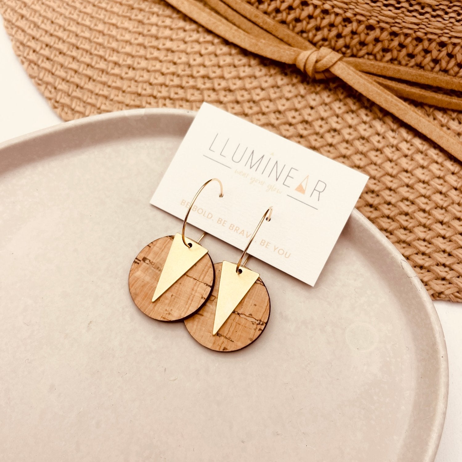 brass triangle geometric boho 14ct hallmarked gold hoop earrings