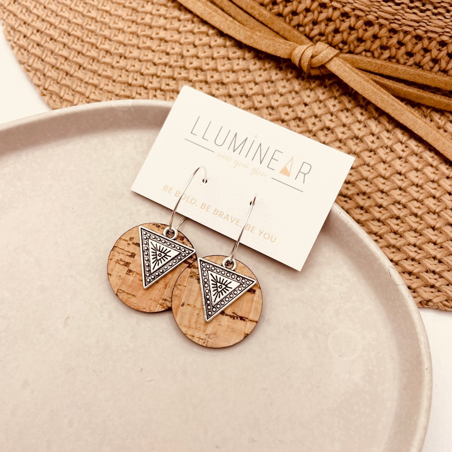 natural cork boho triangle earrings with hypoallergenic sterling silver hoops for sensitive ears