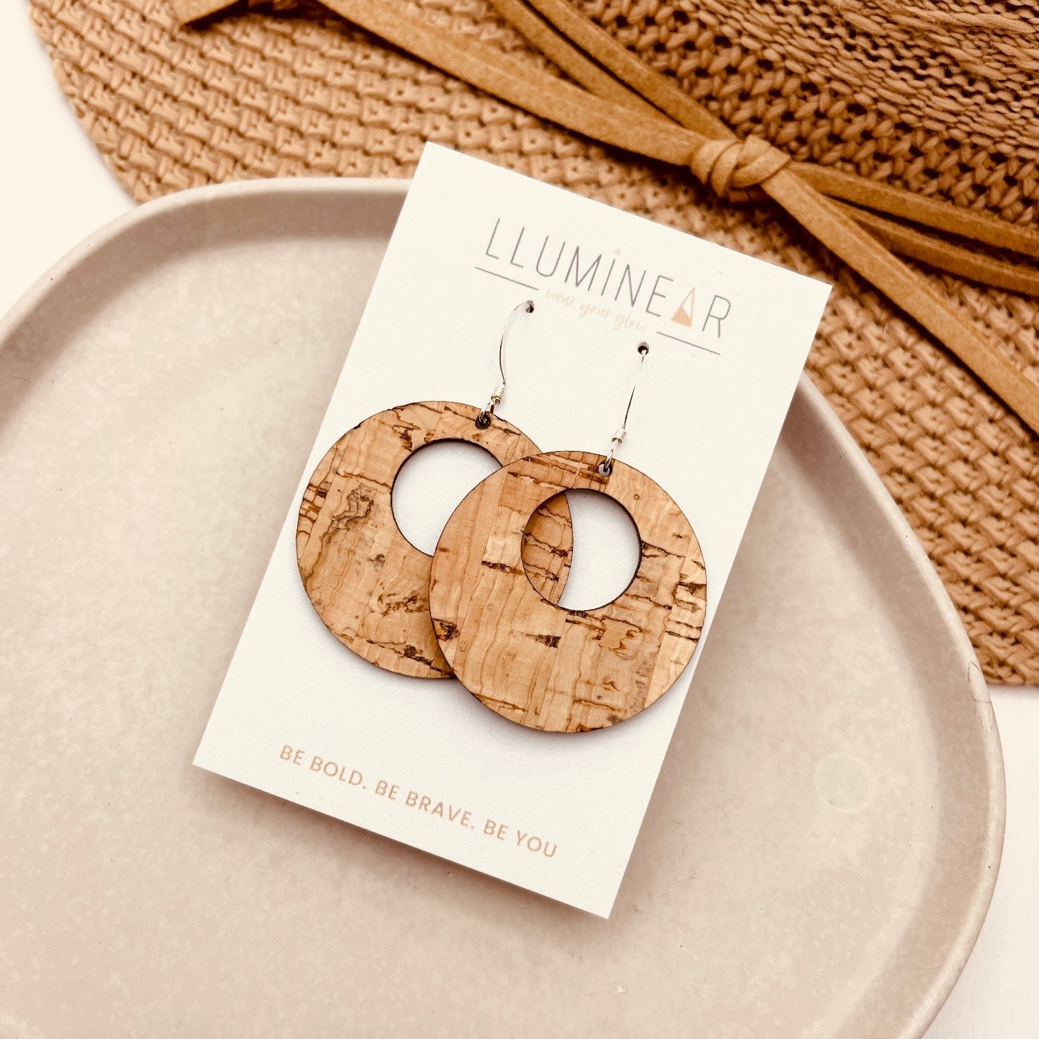 natural cork wood earrings with sterling silver hooks. neutral boho style to wear again and again