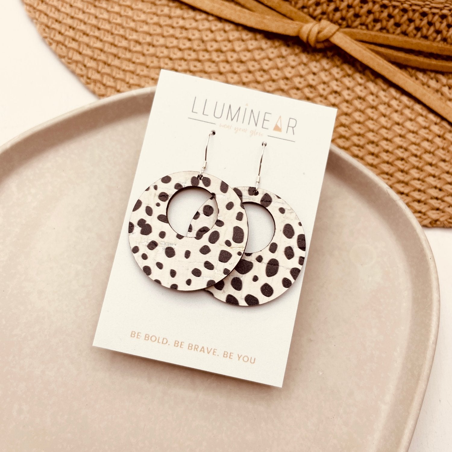 nova white cork dalmatian print black spot earrings handmade with sterling silver hooks for sensitive ears.