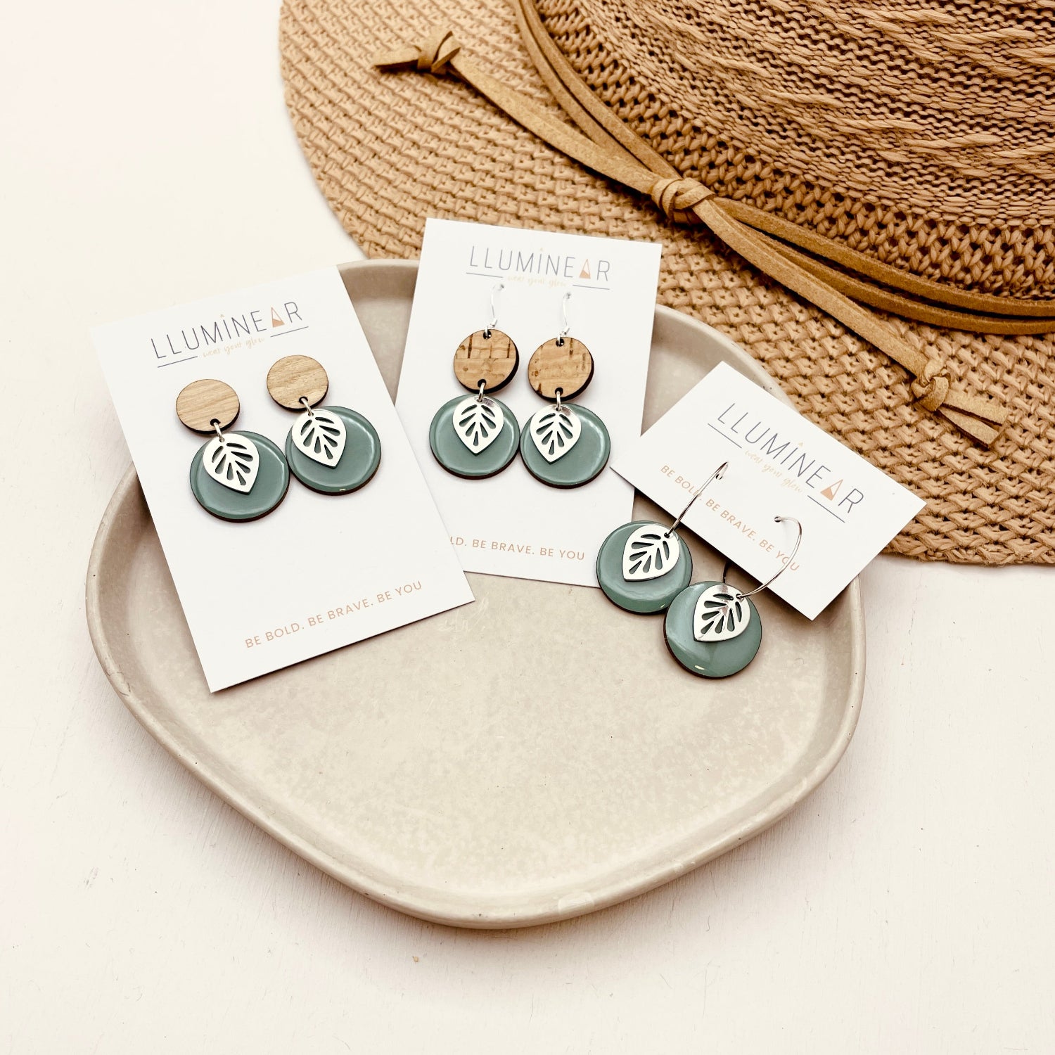 Sage Green Silver Leaf Earrings