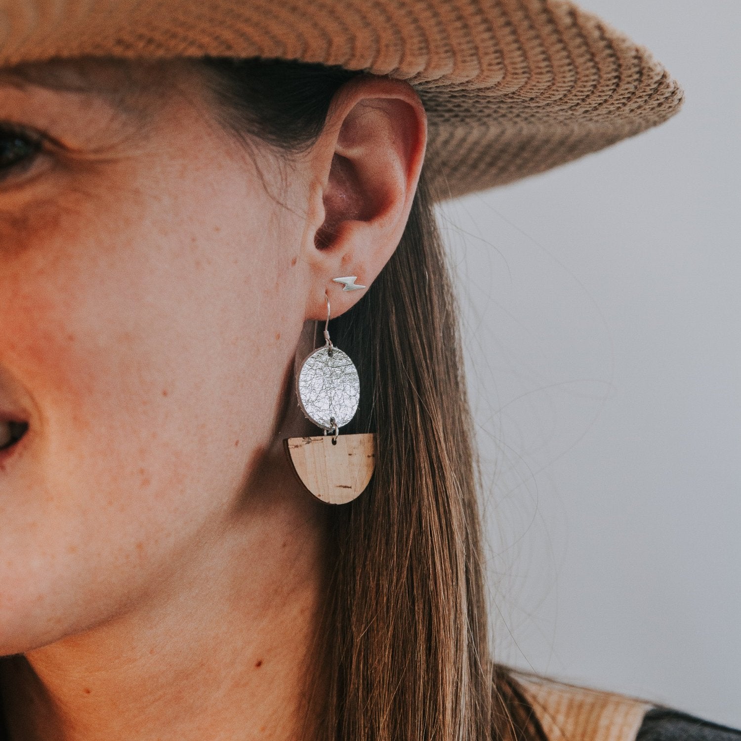 silver leather natural cork crescent moon earrings handmade with sterling silver hooks for sensitive ears