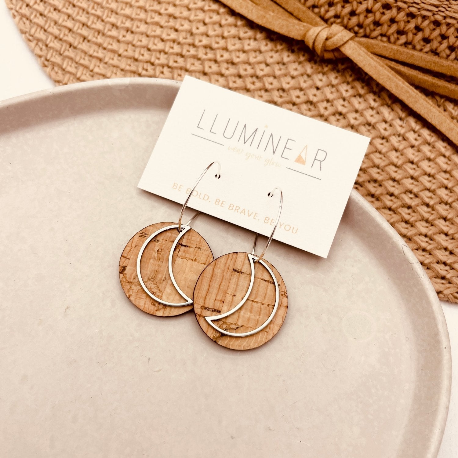 sterling silver hoop earrings handmade with natural cork and silver moon detail