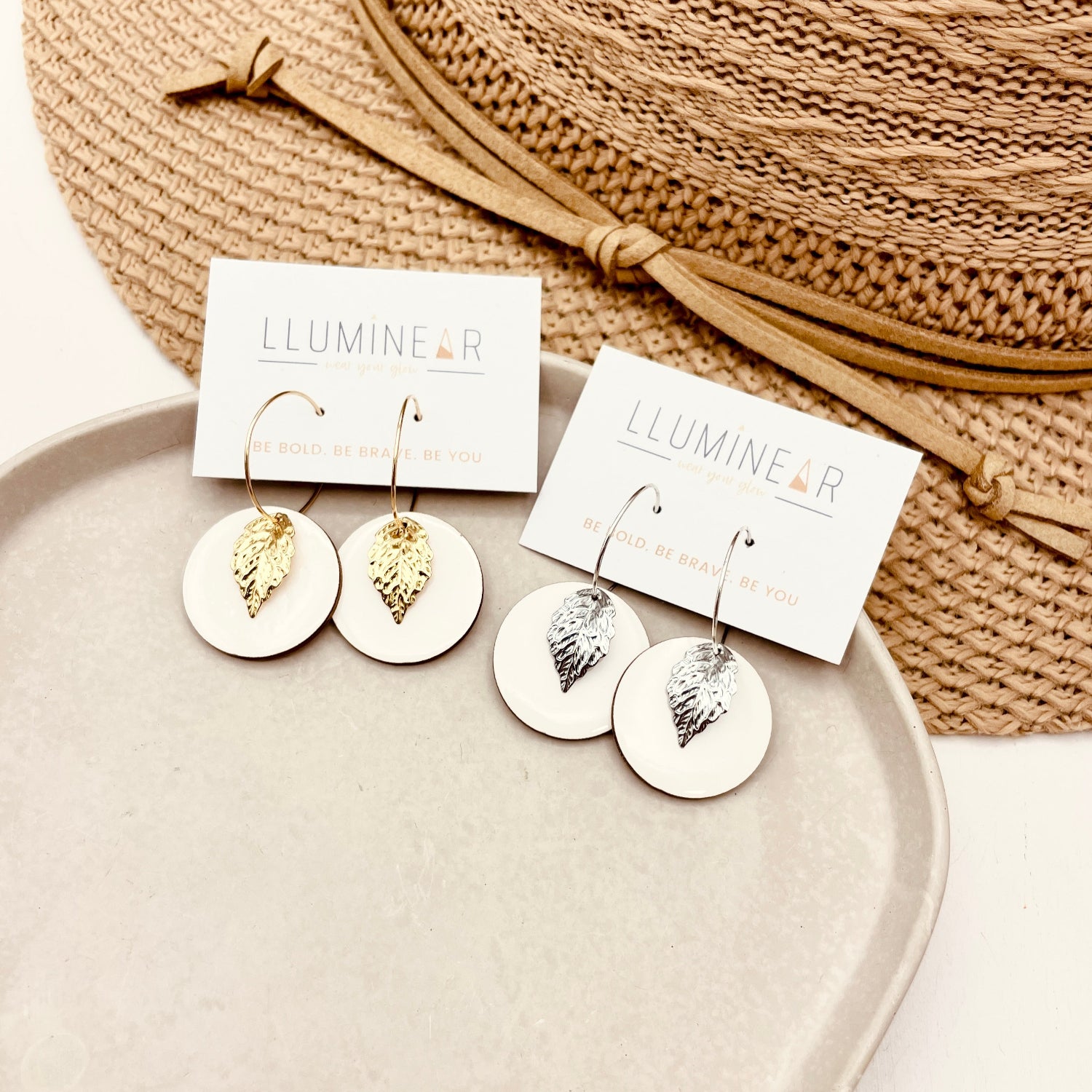 White Leaf Hoop Earrings