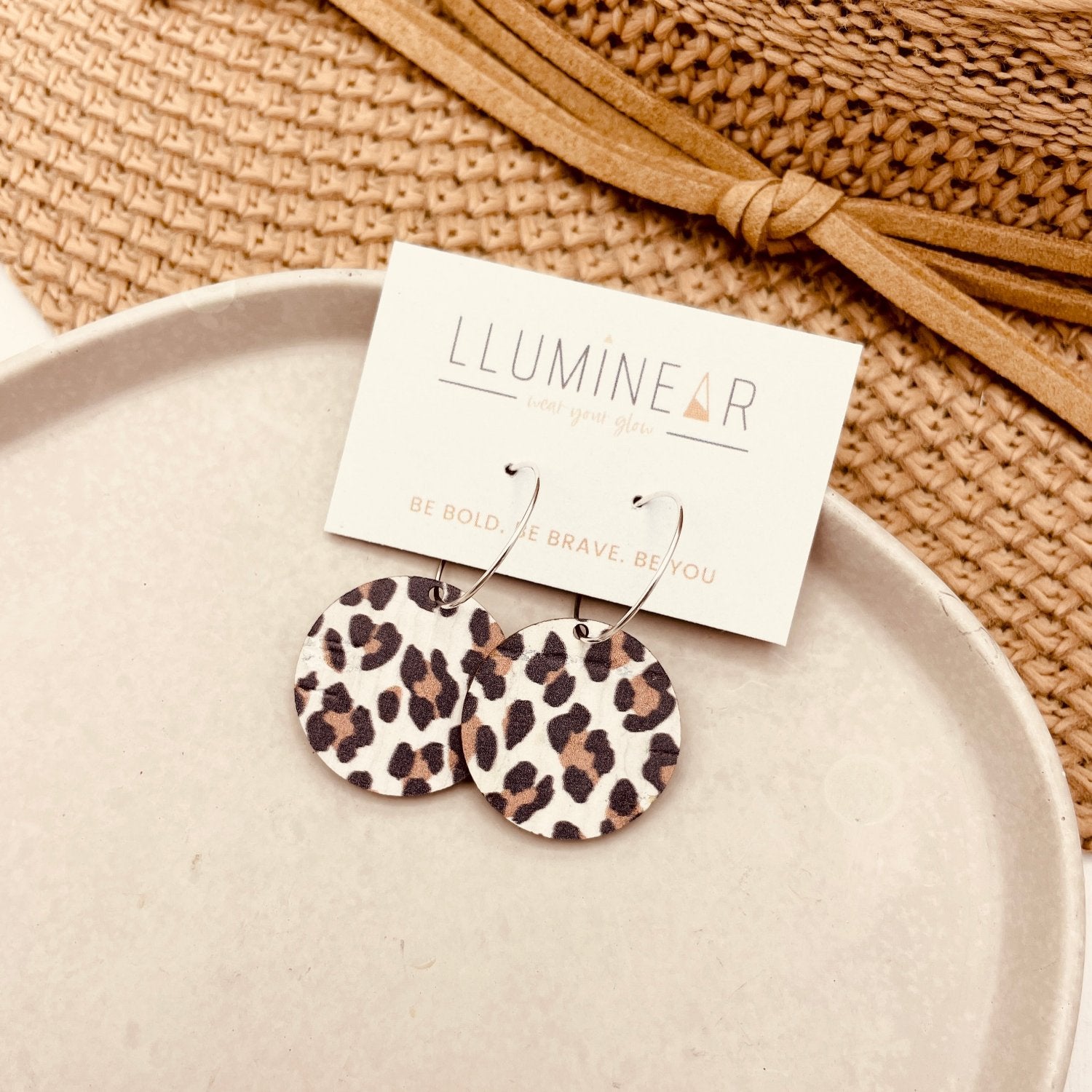 white leopard animal print sterling silver hoop earrings