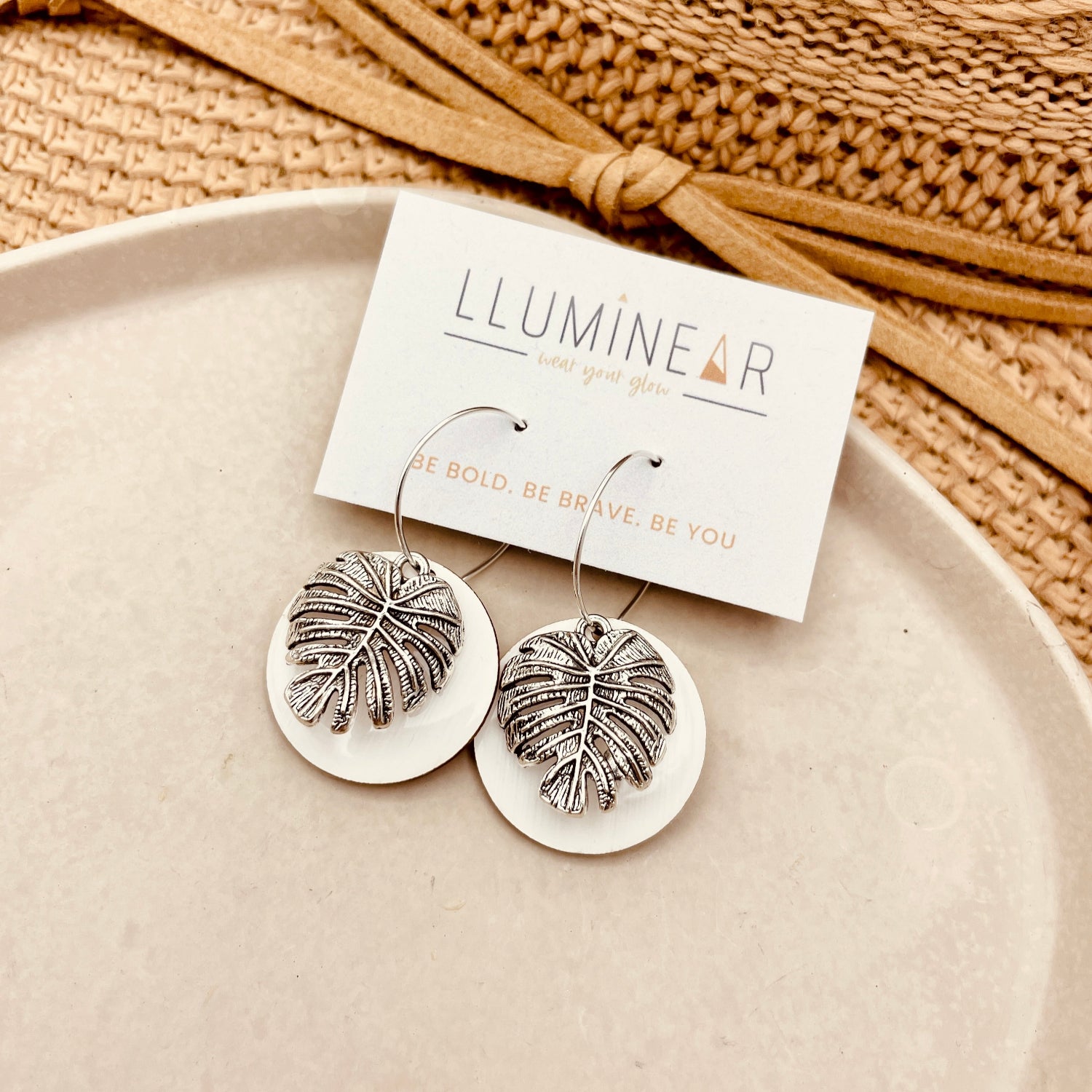 Monstera Leaf Earrings White Silver
