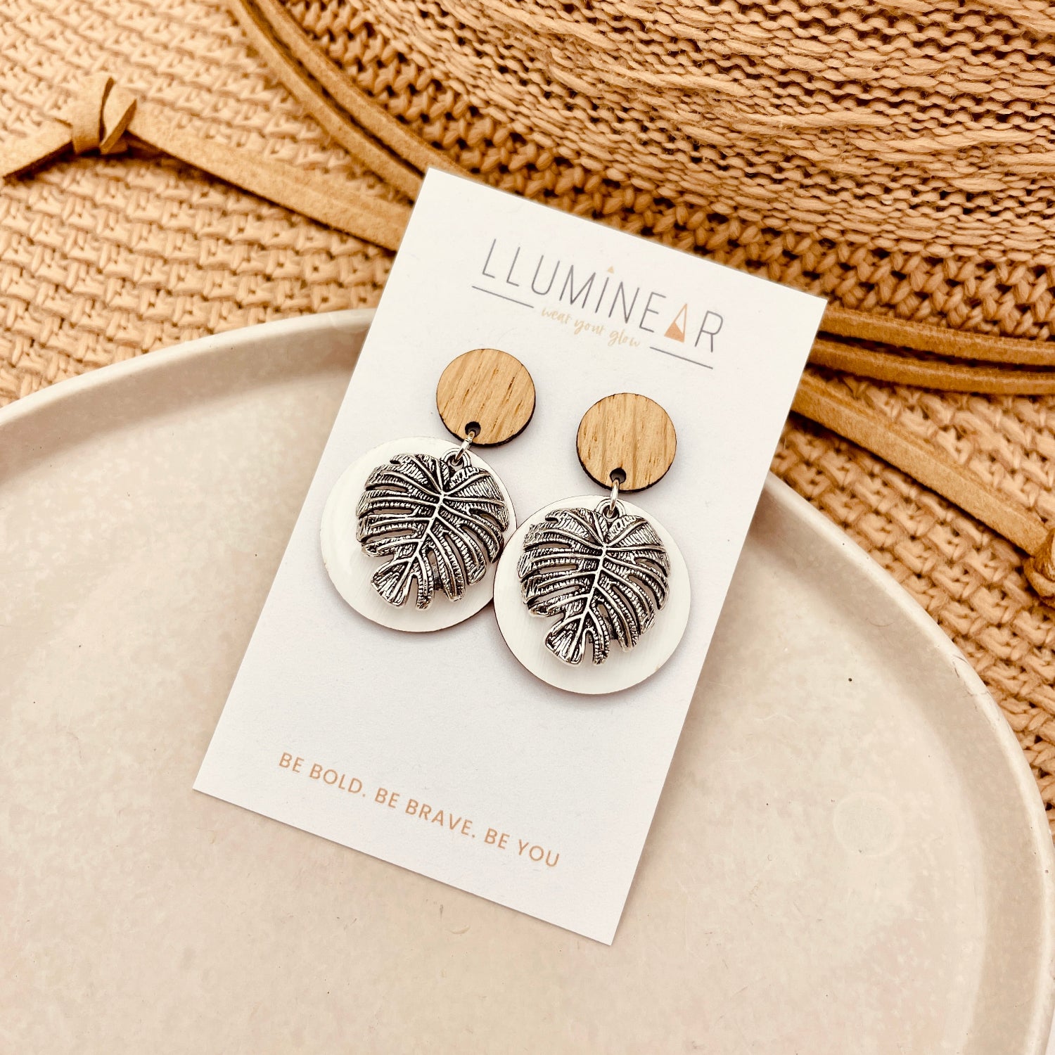 Monstera Leaf Earrings White Silver